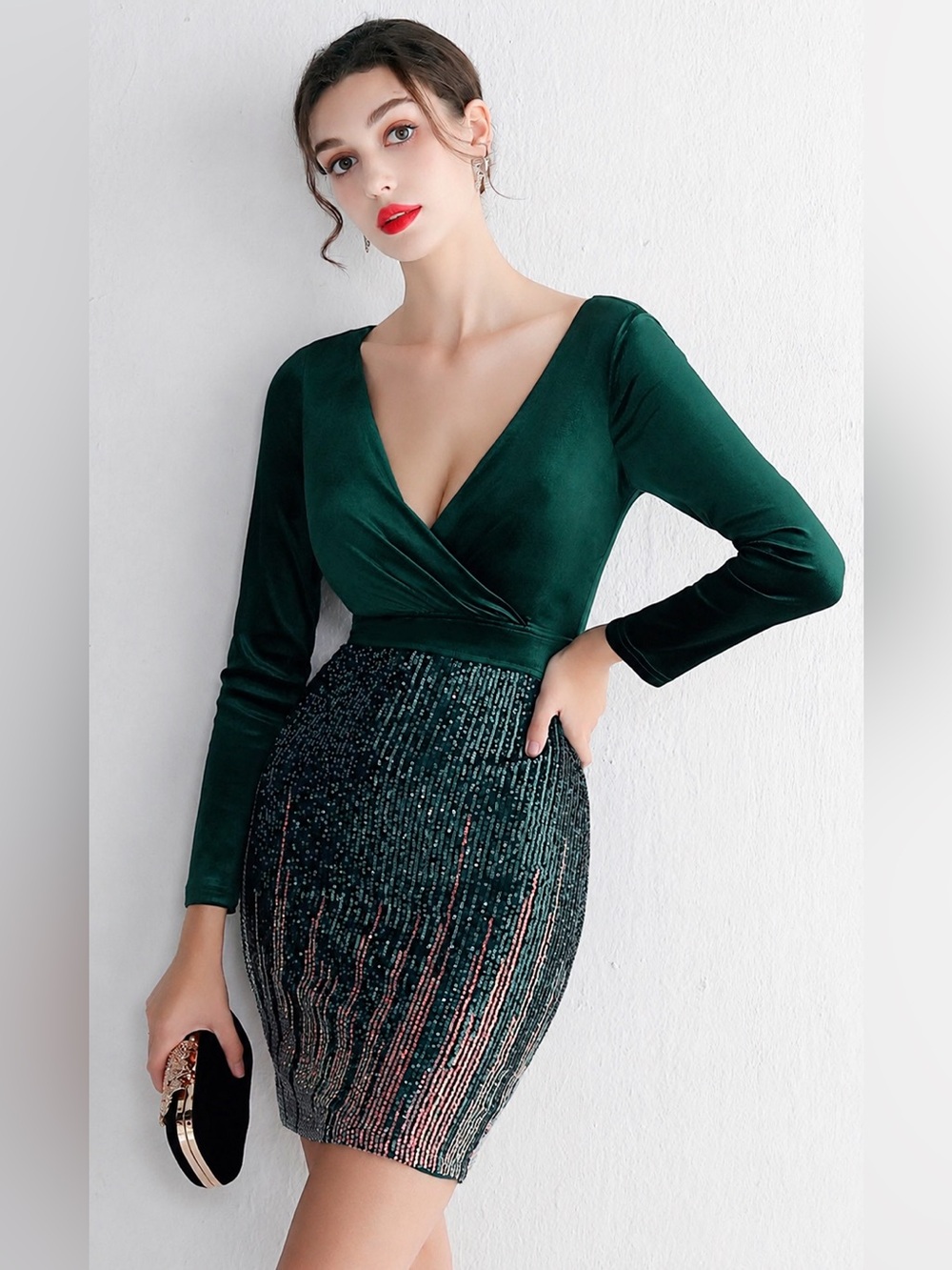 Emerald Green Velvet V-Neck Sequin Cocktail Mini Dress - Picture 2 of 3